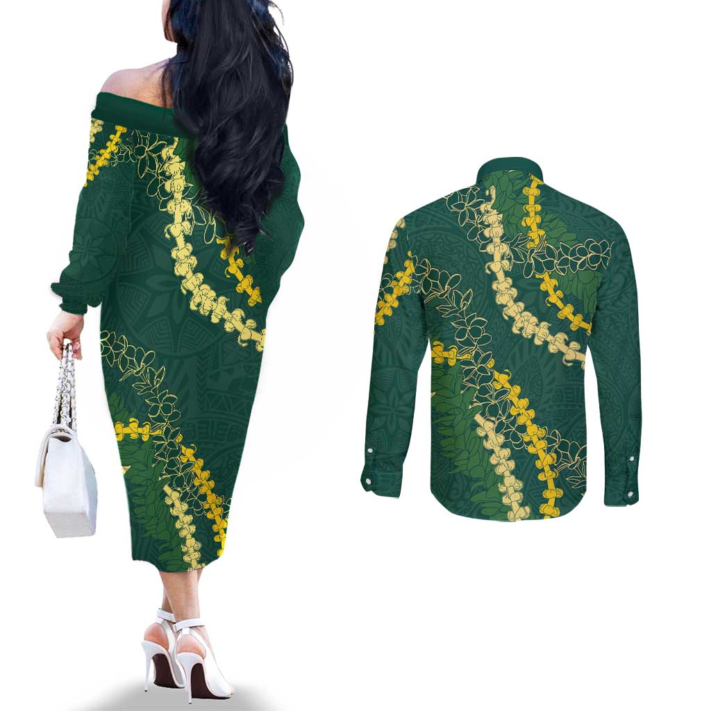 Hawaii Puakenikeni - Maile Lei Couples Matching Off The Shoulder Long Sleeve Dress and Long Sleeve Button Shirt Sage Green LT7 - Polynesian Pride
