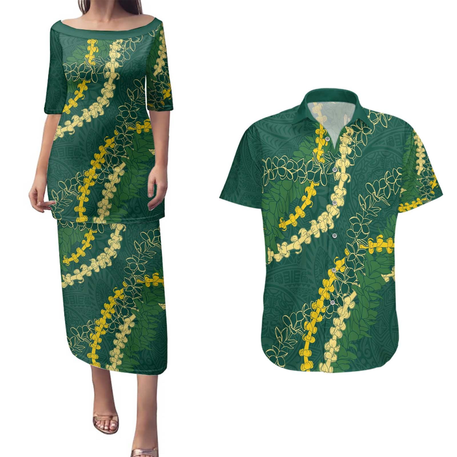 Hawaii Puakenikeni - Maile Lei Couples Matching Puletasi and Hawaiian Shirt Sage Green