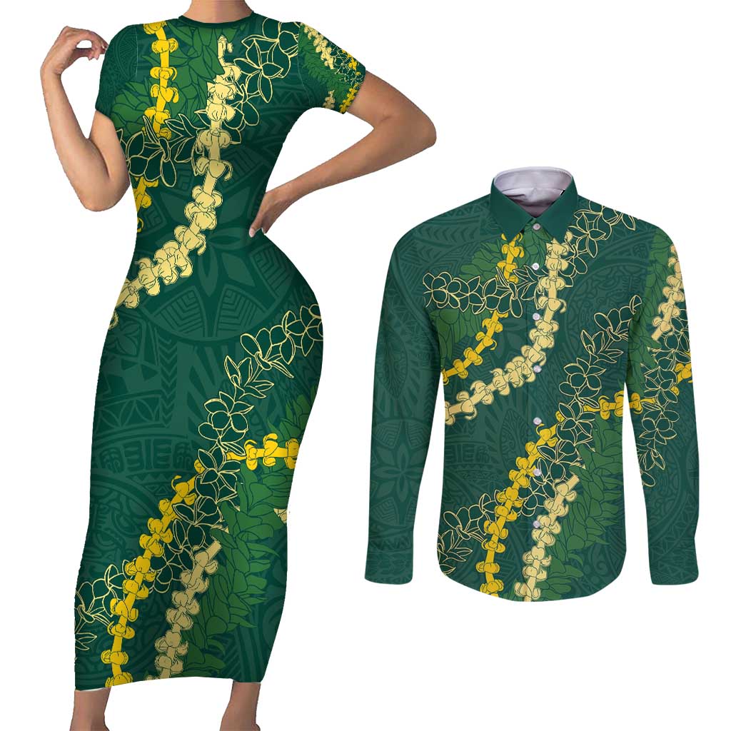 Hawaii Puakenikeni - Maile Lei Couples Matching Short Sleeve Bodycon Dress and Long Sleeve Button Shirt Sage Green LT7 Sage Green - Polynesian Pride