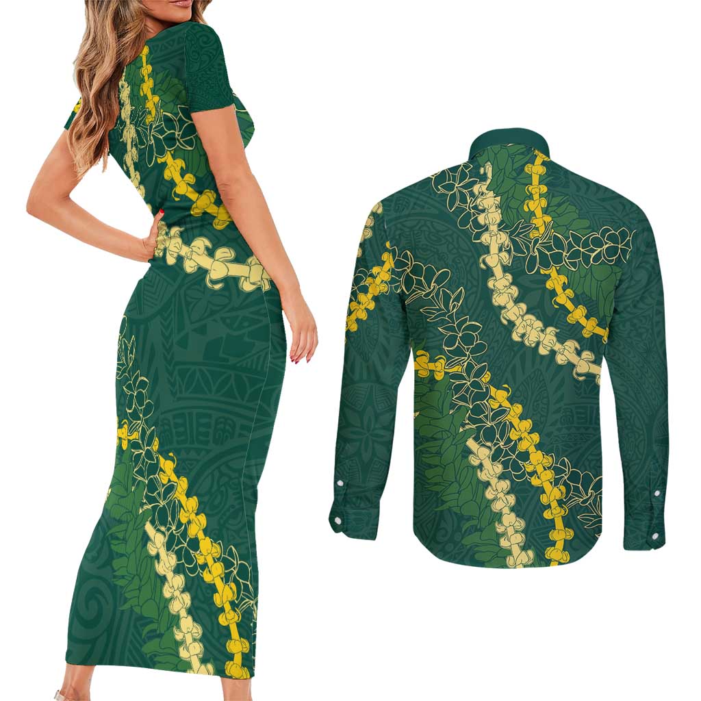 Hawaii Puakenikeni - Maile Lei Couples Matching Short Sleeve Bodycon Dress and Long Sleeve Button Shirt Sage Green LT7 - Polynesian Pride