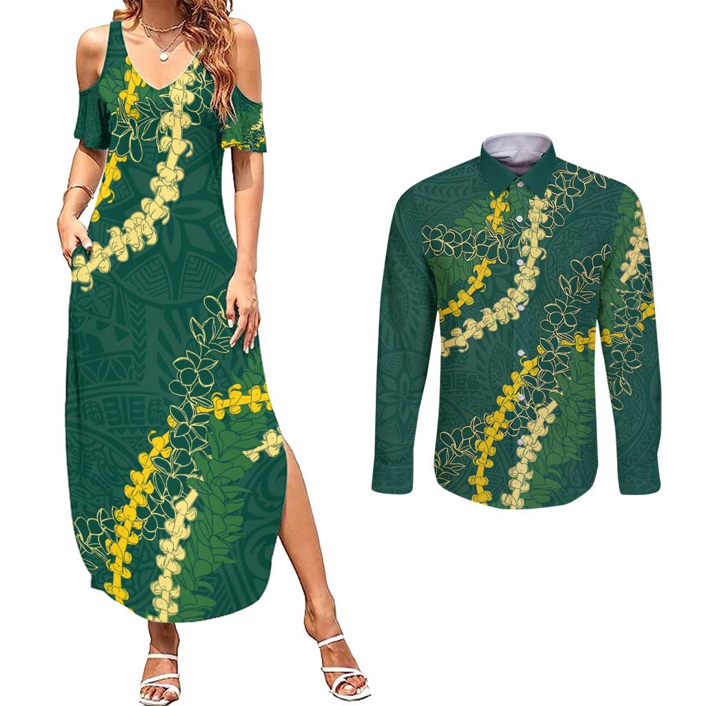 Hawaii Puakenikeni - Maile Lei Couples Matching Summer Maxi Dress and Long Sleeve Button Shirt Sage Green LT7 Sage Green - Polynesian Pride