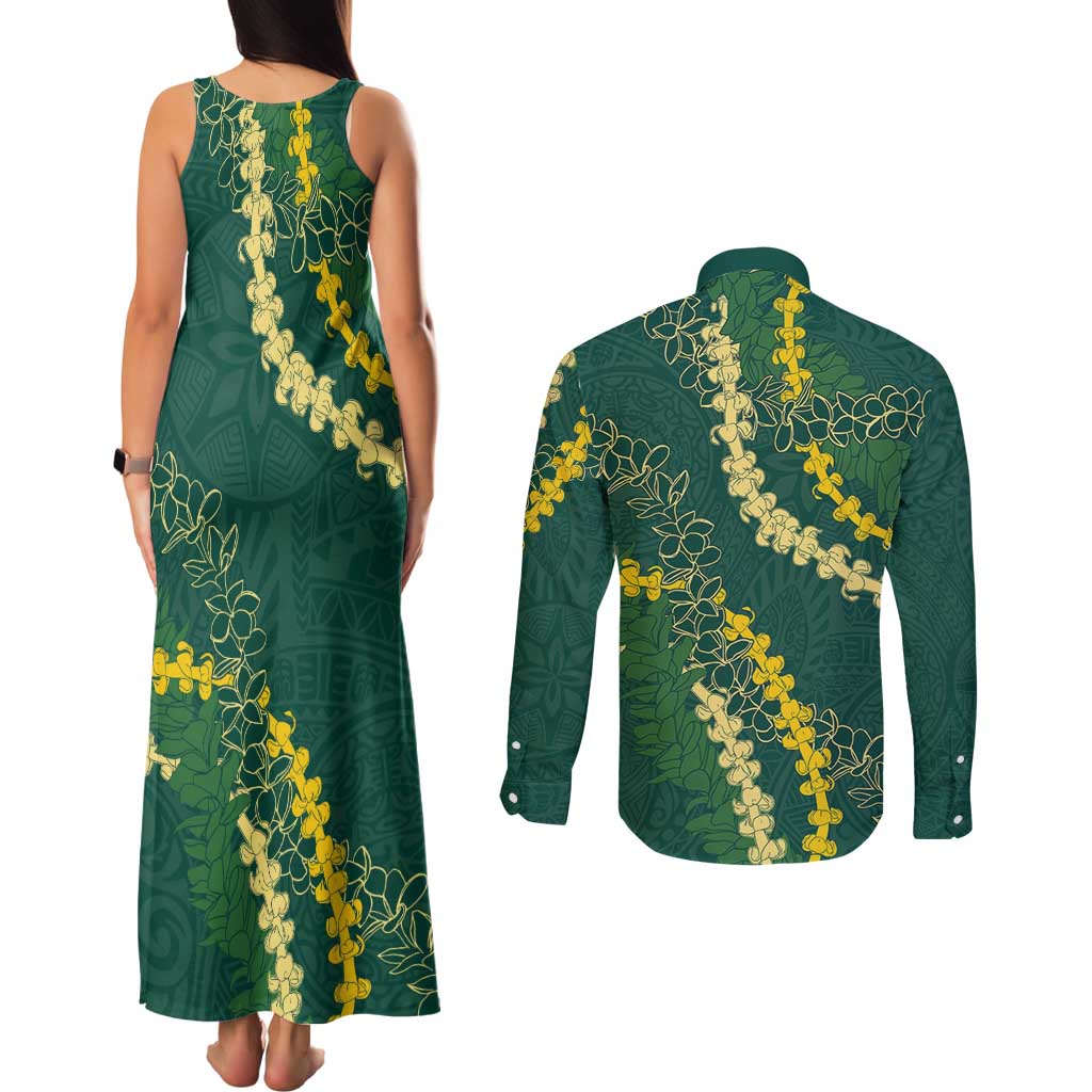 Hawaii Puakenikeni - Maile Lei Couples Matching Tank Maxi Dress and Long Sleeve Button Shirt Sage Green LT7 - Polynesian Pride