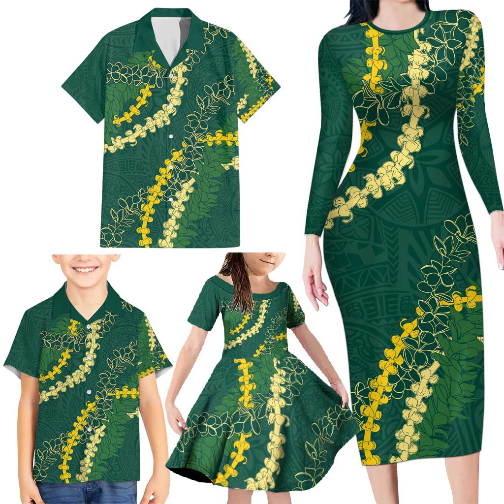 Hawaii Puakenikeni - Maile Lei Family Matching Long Sleeve Bodycon Dress and Hawaiian Shirt Sage Green LT7 - Polynesian Pride