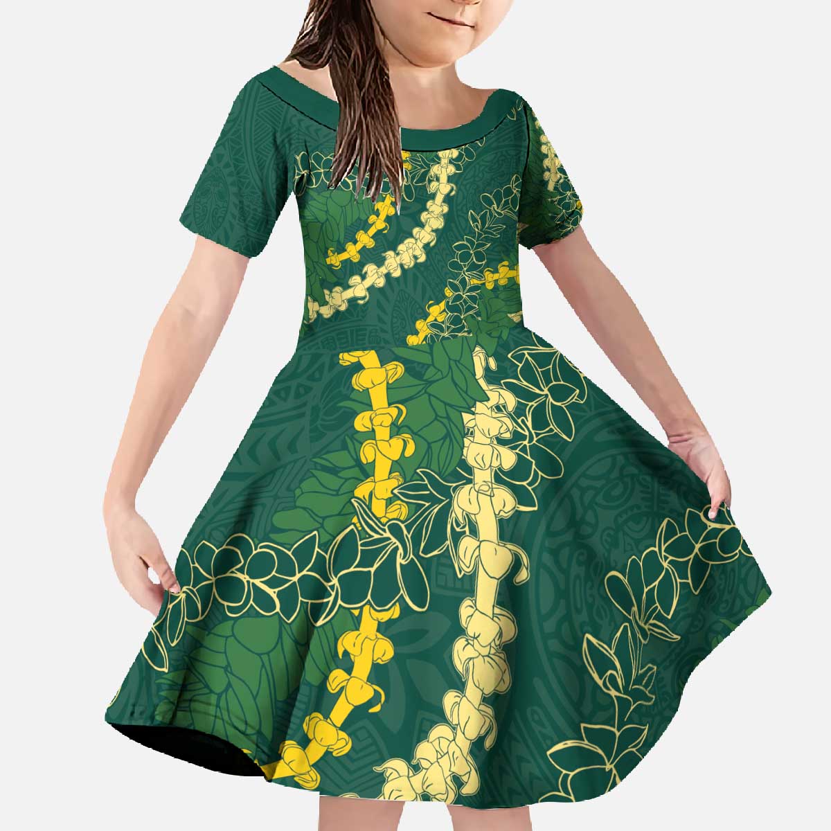 Hawaii Puakenikeni - Maile Lei Family Matching Off The Shoulder Long Sleeve Dress and Hawaiian Shirt Sage Green LT7 Daughter's Dress Sage Green - Polynesian Pride
