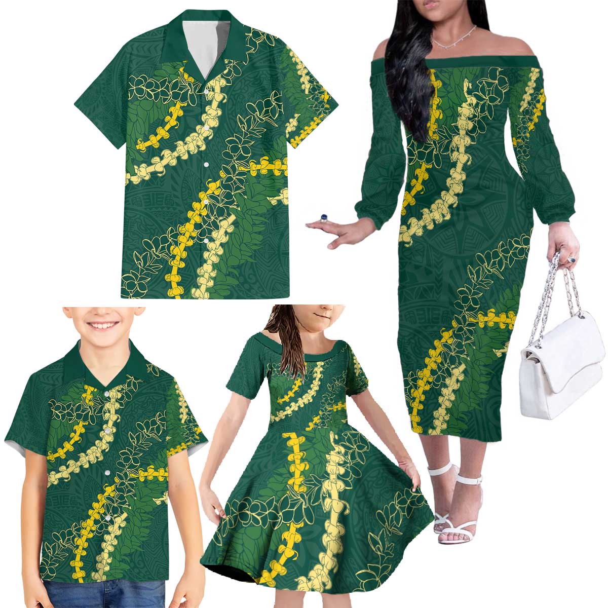 Hawaii Puakenikeni - Maile Lei Family Matching Off The Shoulder Long Sleeve Dress and Hawaiian Shirt Sage Green LT7 - Polynesian Pride