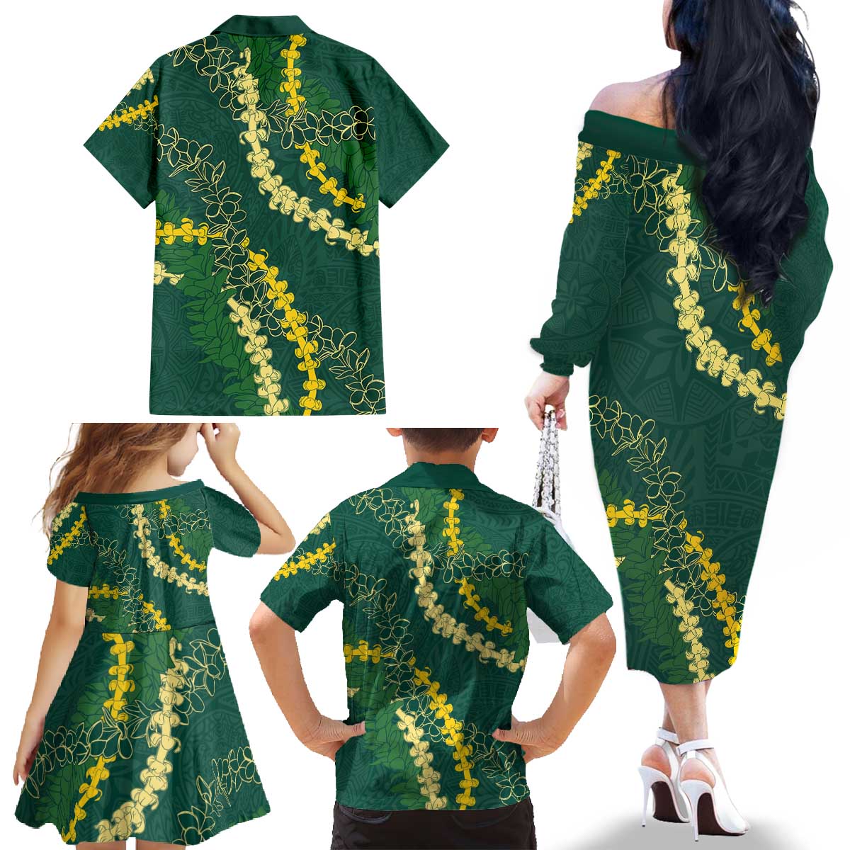 Hawaii Puakenikeni - Maile Lei Family Matching Off The Shoulder Long Sleeve Dress and Hawaiian Shirt Sage Green LT7 - Polynesian Pride