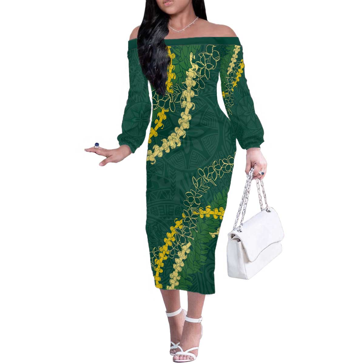 Hawaii Puakenikeni - Maile Lei Family Matching Off The Shoulder Long Sleeve Dress and Hawaiian Shirt Sage Green LT7 Mom's Dress Sage Green - Polynesian Pride