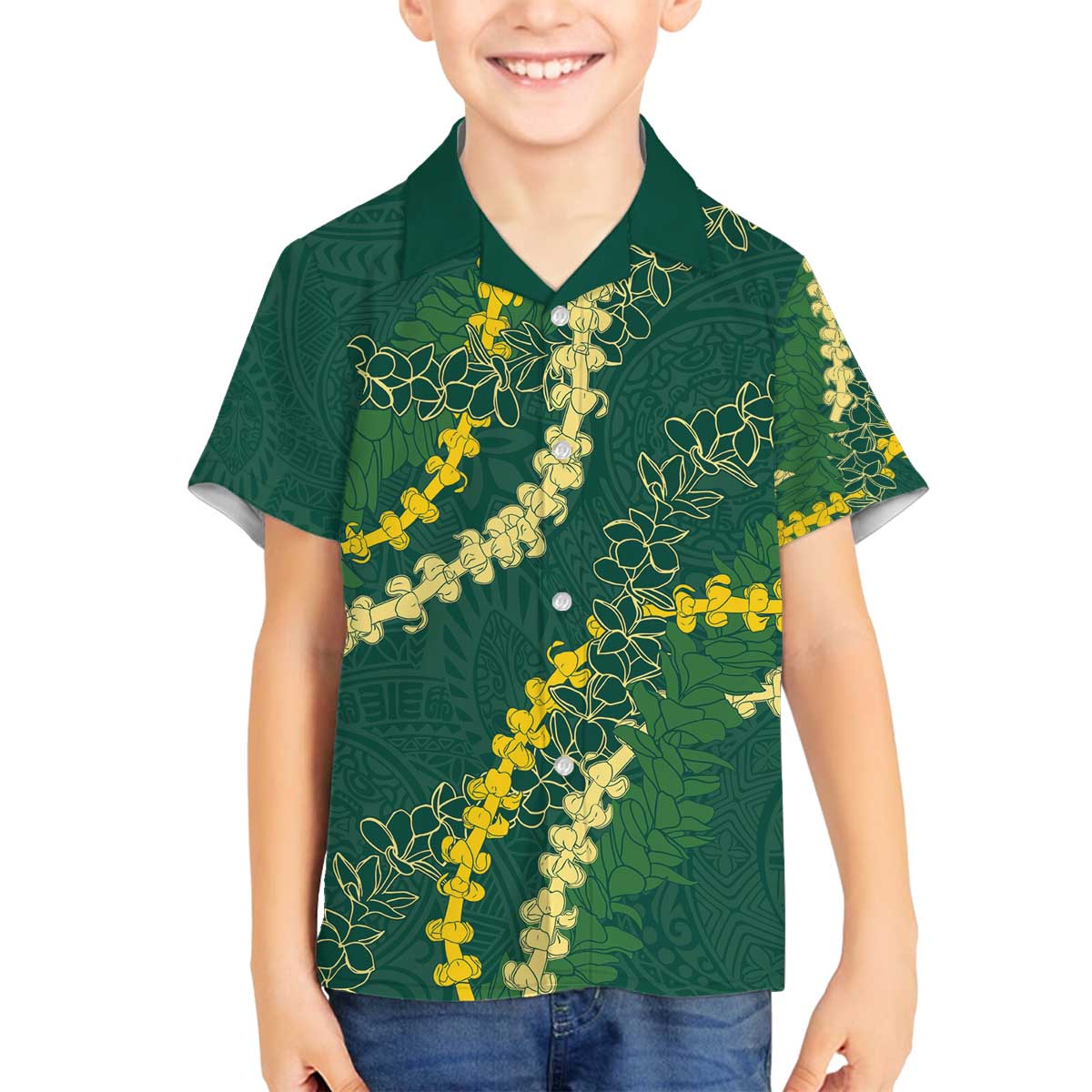 Hawaii Puakenikeni - Maile Lei Family Matching Off The Shoulder Long Sleeve Dress and Hawaiian Shirt Sage Green LT7 Son's Shirt Sage Green - Polynesian Pride