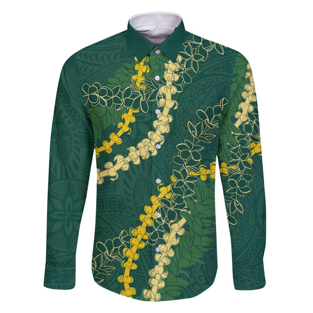 Hawaii Puakenikeni - Maile Lei Family Matching Off Shoulder Maxi Dress and Hawaiian Shirt Sage Green LT7 Dad's Shirt - Long Sleeve Sage Green - Polynesian Pride