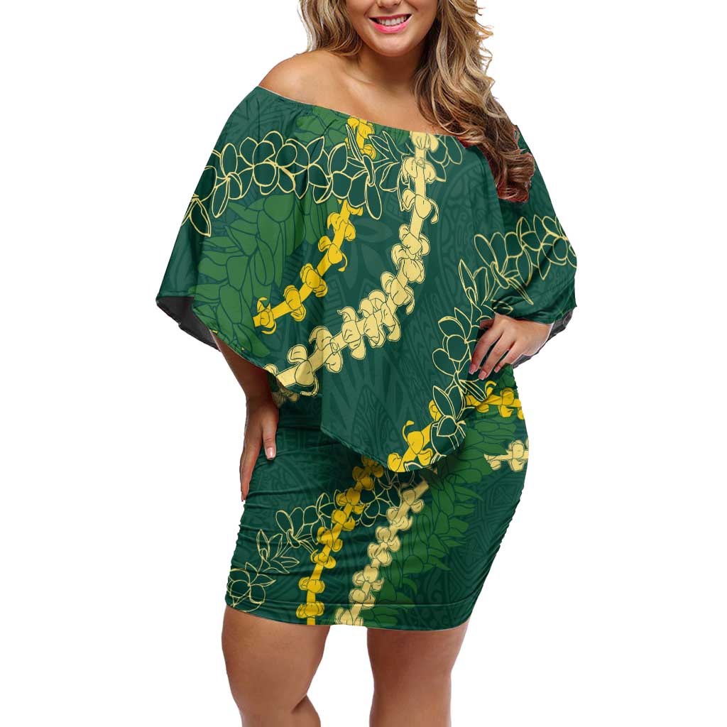 Hawaii Puakenikeni - Maile Lei Family Matching Off Shoulder Short Dress and Hawaiian Shirt Sage Green LT7 Mom's Dress Sage Green - Polynesian Pride