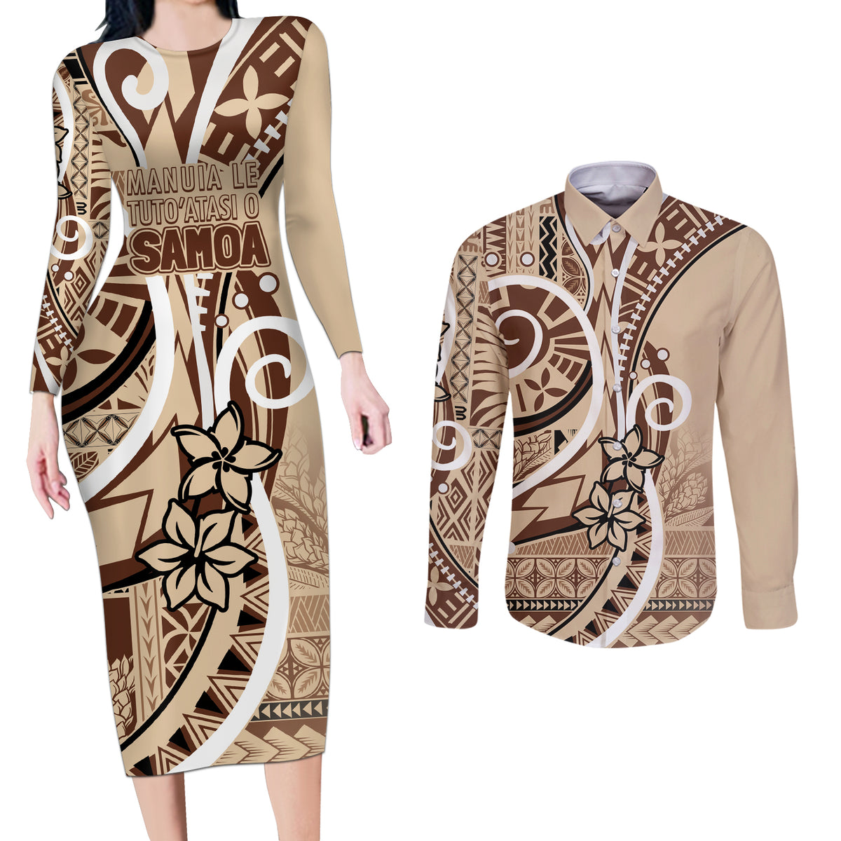 Samoa Siapo Classic Motif Couples Matching Long Sleeve Bodycon Dress and Long Sleeve Button Shirt Manuia le tutoatasi o Samoa Independence LT7 Beige - Polynesian Pride