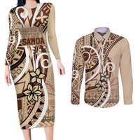 Samoa Siapo Classic Motif Couples Matching Long Sleeve Bodycon Dress and Long Sleeve Button Shirt Manuia le tutoatasi o Samoa Independence LT7 Beige - Polynesian Pride