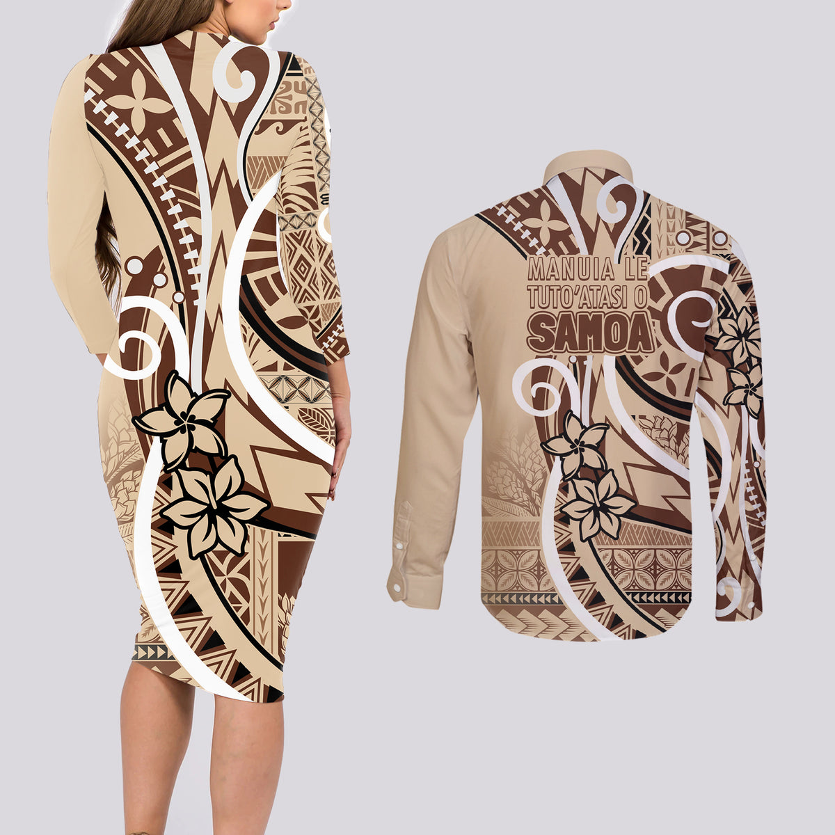 Samoa Siapo Classic Motif Couples Matching Long Sleeve Bodycon Dress and Long Sleeve Button Shirt Manuia le tutoatasi o Samoa Independence LT7 - Polynesian Pride