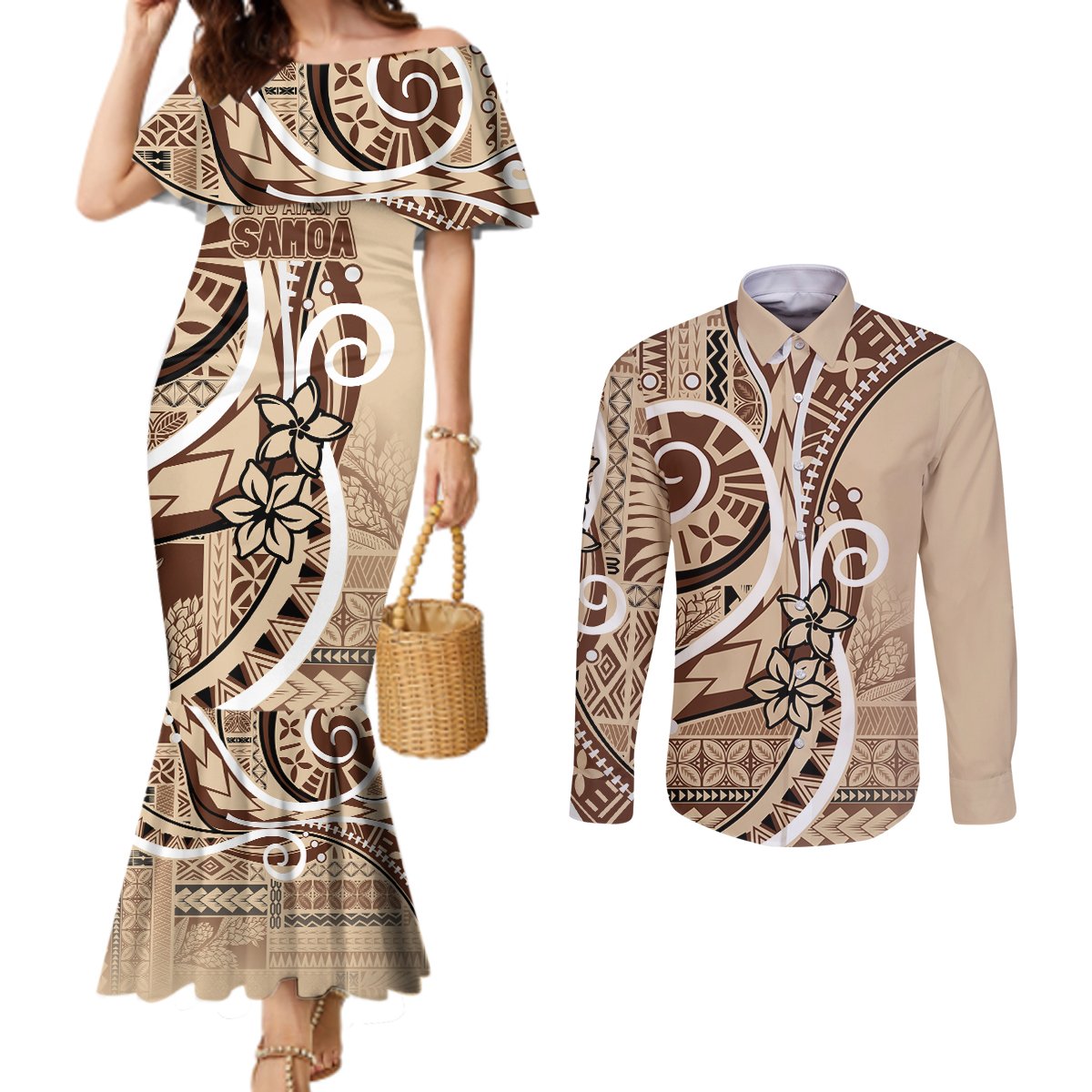 Samoa Siapo Classic Motif Couples Matching Mermaid Dress and Long Sleeve Button Shirt Manuia le tutoatasi o Samoa Independence LT7 Beige - Polynesian Pride