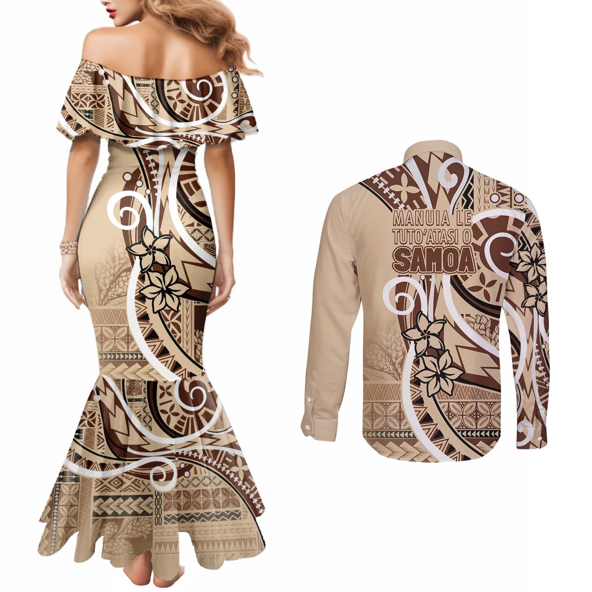 Samoa Siapo Classic Motif Couples Matching Mermaid Dress and Long Sleeve Button Shirt Manuia le tutoatasi o Samoa Independence LT7 - Polynesian Pride