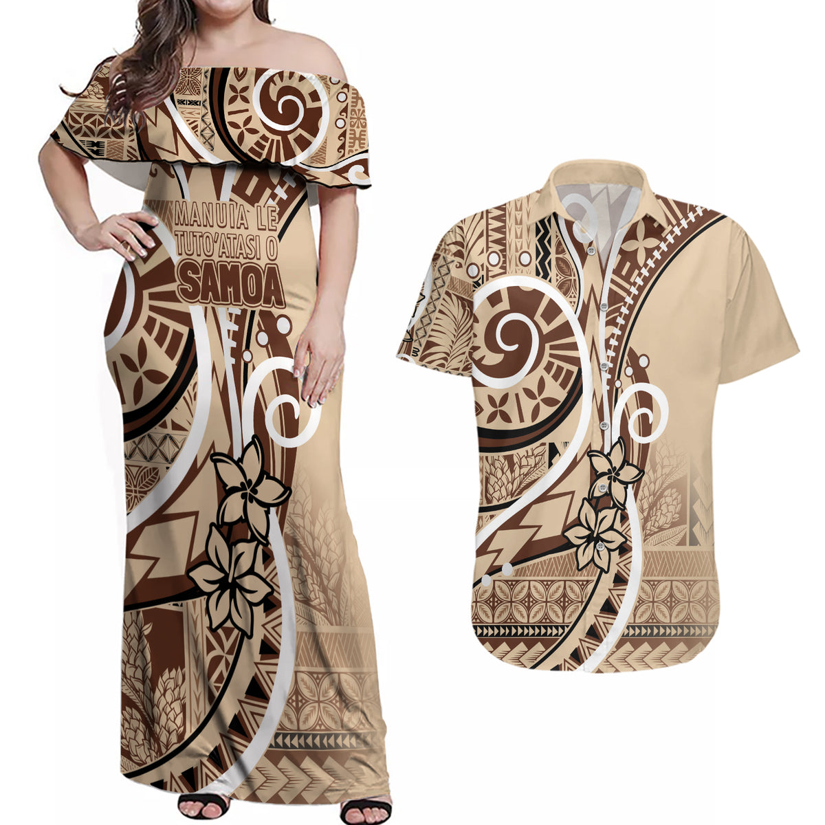 Samoa Siapo Classic Motif Couples Matching Off Shoulder Maxi Dress and Hawaiian Shirt Manuia le tutoatasi o Samoa Independence LT7 Beige - Polynesian Pride
