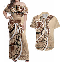 Samoa Siapo Classic Motif Couples Matching Off Shoulder Maxi Dress and Hawaiian Shirt Manuia le tutoatasi o Samoa Independence LT7 Beige - Polynesian Pride