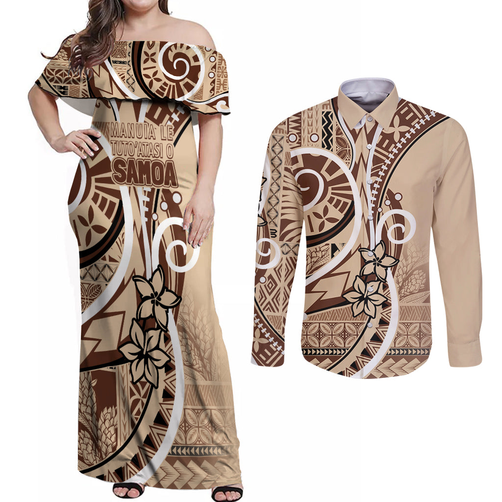 Samoa Siapo Classic Motif Couples Matching Off Shoulder Maxi Dress and Long Sleeve Button Shirt Manuia le tutoatasi o Samoa Independence LT7 Beige - Polynesian Pride