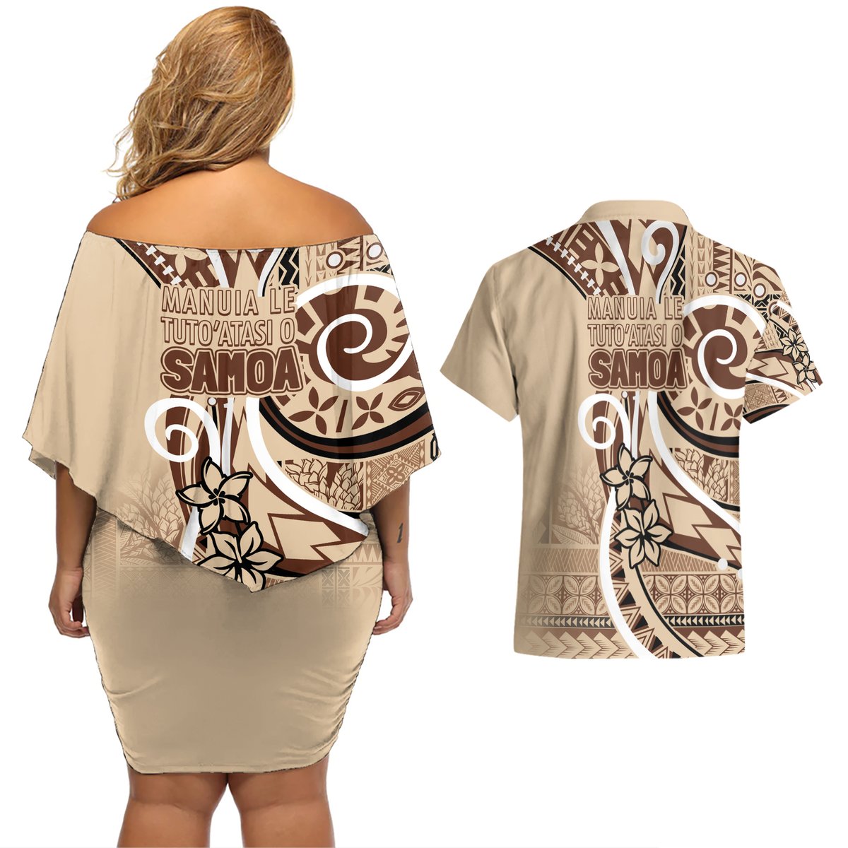 Samoa Siapo Classic Motif Couples Matching Off Shoulder Short Dress and Hawaiian Shirt Manuia le tutoatasi o Samoa Independence LT7 - Polynesian Pride