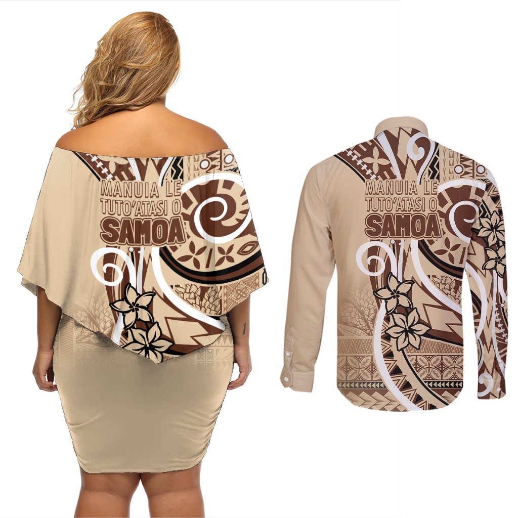 Samoa Siapo Classic Motif Couples Matching Off Shoulder Short Dress and Long Sleeve Button Shirt Manuia le tutoatasi o Samoa Independence LT7 - Polynesian Pride