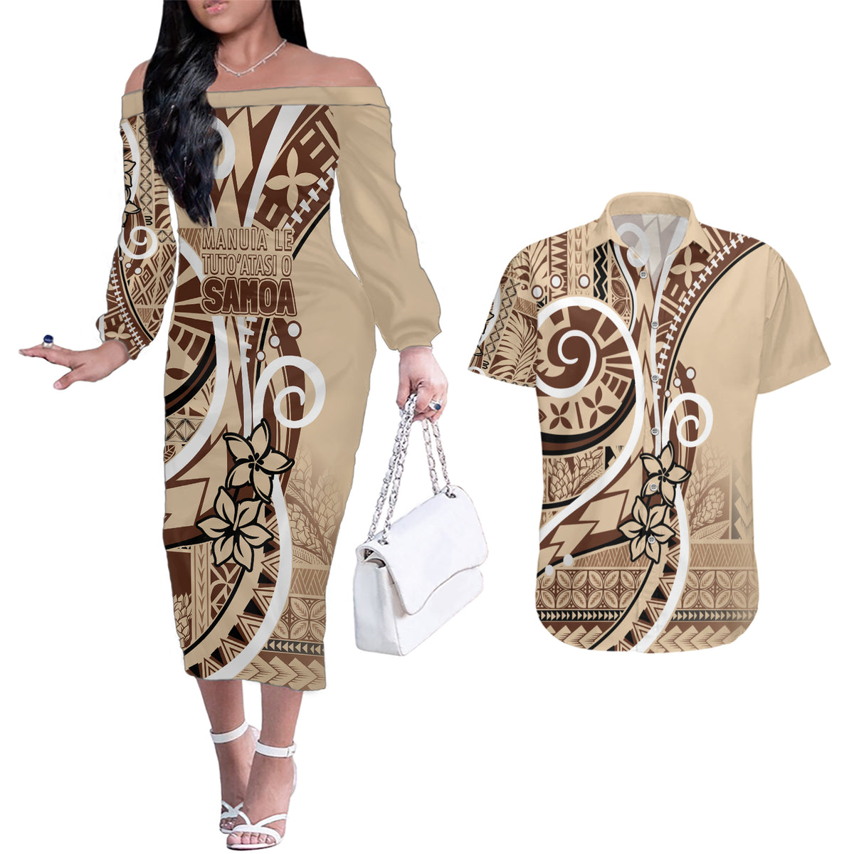 Samoa Siapo Classic Motif Couples Matching Off The Shoulder Long Sleeve Dress and Hawaiian Shirt Manuia le tutoatasi o Samoa Independence LT7 Beige - Polynesian Pride