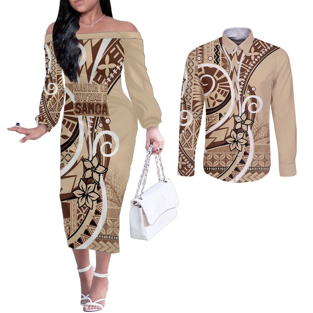 Samoa Siapo Classic Motif Couples Matching Off The Shoulder Long Sleeve Dress and Long Sleeve Button Shirt Manuia le tutoatasi o Samoa Independence LT7 Beige - Polynesian Pride
