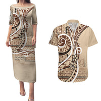 Samoa Siapo Classic Motif Couples Matching Puletasi and Hawaiian Shirt Manuia le tutoatasi o Samoa Independence LT7 Beige - Polynesian Pride