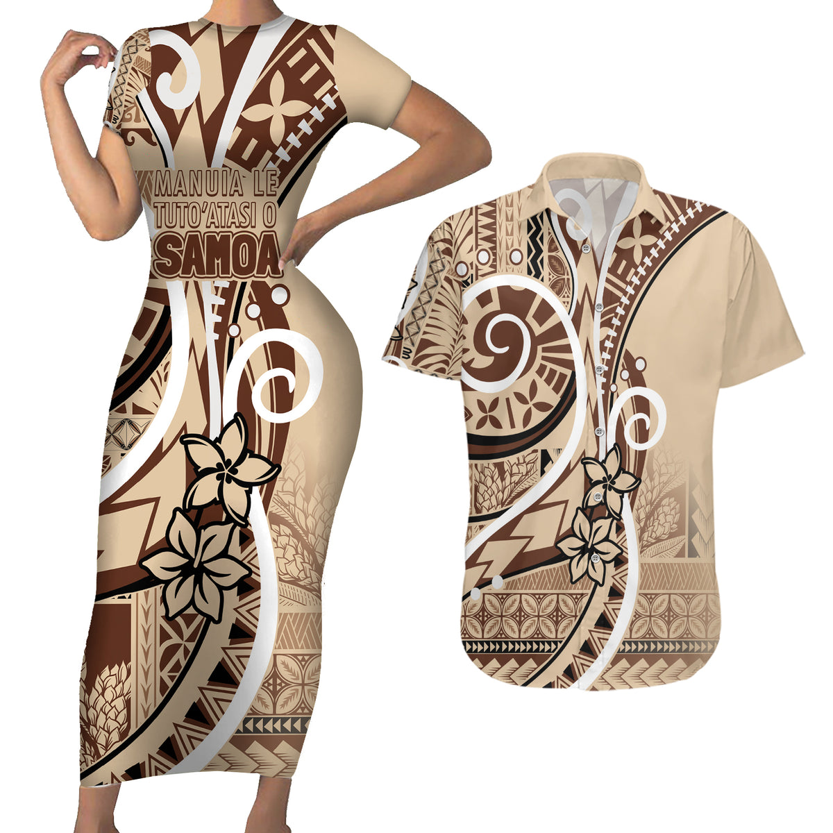 Samoa Siapo Classic Motif Couples Matching Short Sleeve Bodycon Dress and Hawaiian Shirt Manuia le tutoatasi o Samoa Independence LT7 Beige - Polynesian Pride