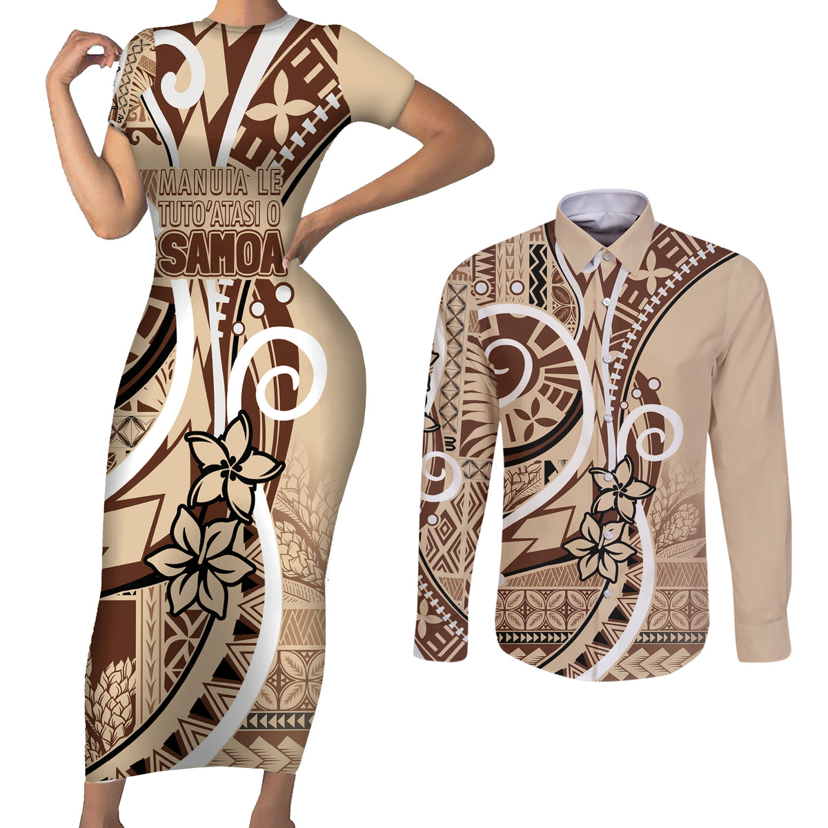Samoa Siapo Classic Motif Couples Matching Short Sleeve Bodycon Dress and Long Sleeve Button Shirt Manuia le tutoatasi o Samoa Independence LT7 Beige - Polynesian Pride