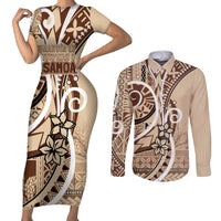 Samoa Siapo Classic Motif Couples Matching Short Sleeve Bodycon Dress and Long Sleeve Button Shirt Manuia le tutoatasi o Samoa Independence LT7 Beige - Polynesian Pride