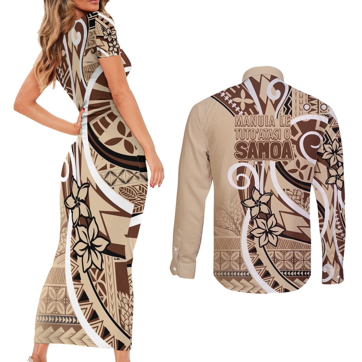 Samoa Siapo Classic Motif Couples Matching Short Sleeve Bodycon Dress and Long Sleeve Button Shirt Manuia le tutoatasi o Samoa Independence LT7 - Polynesian Pride