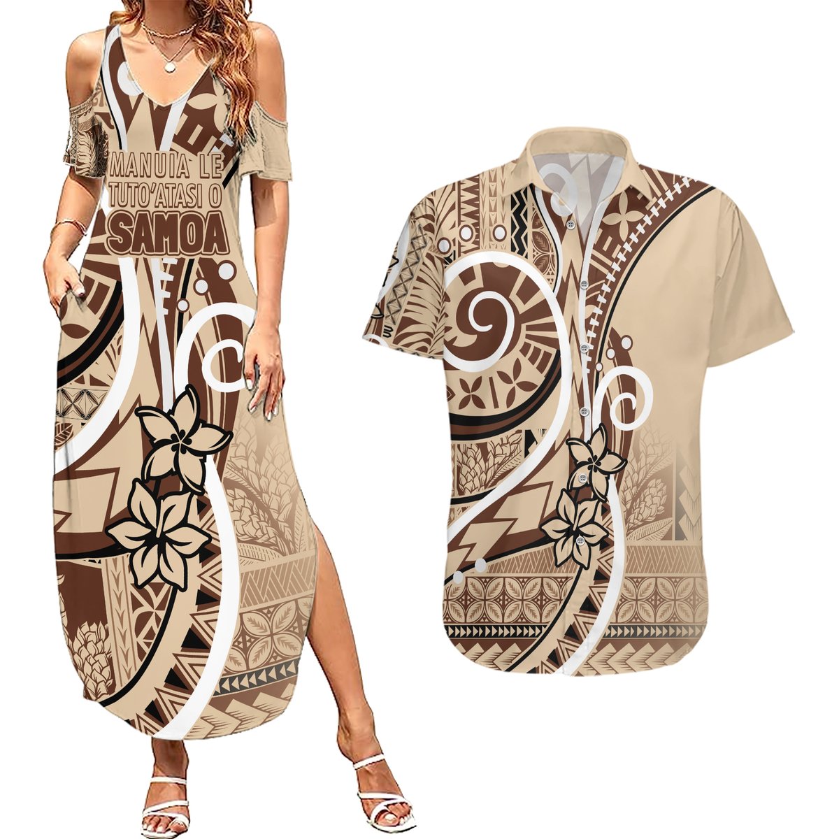 Samoa Siapo Classic Motif Couples Matching Summer Maxi Dress and Hawaiian Shirt Manuia le tutoatasi o Samoa Independence LT7 Beige - Polynesian Pride