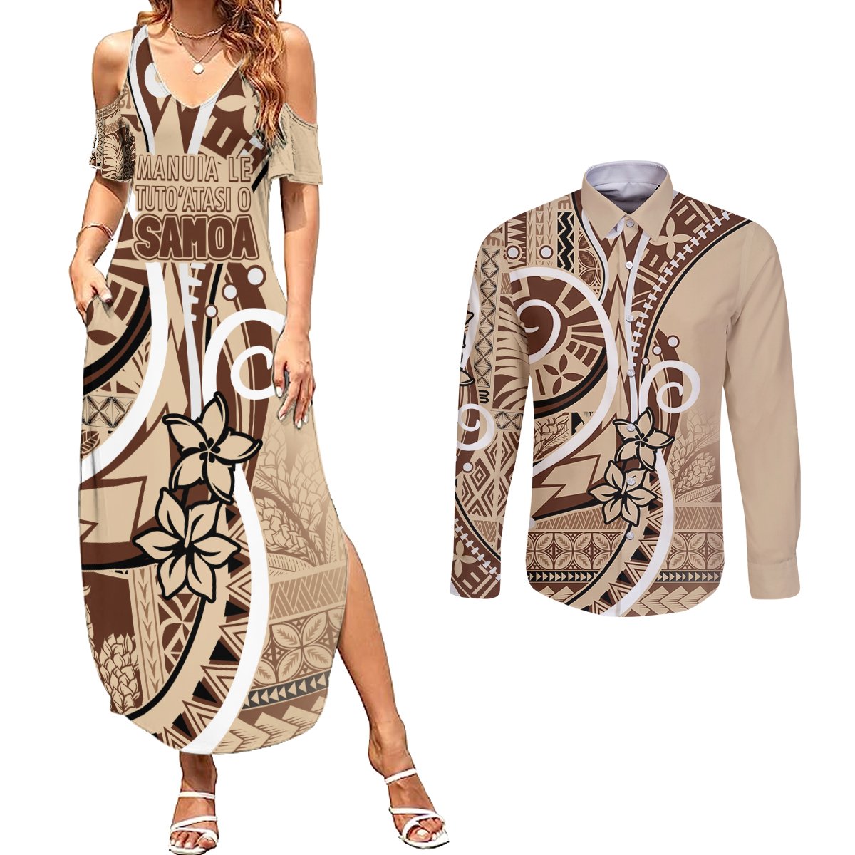 Samoa Siapo Classic Motif Couples Matching Summer Maxi Dress and Long Sleeve Button Shirt Manuia le tutoatasi o Samoa Independence LT7 Beige - Polynesian Pride