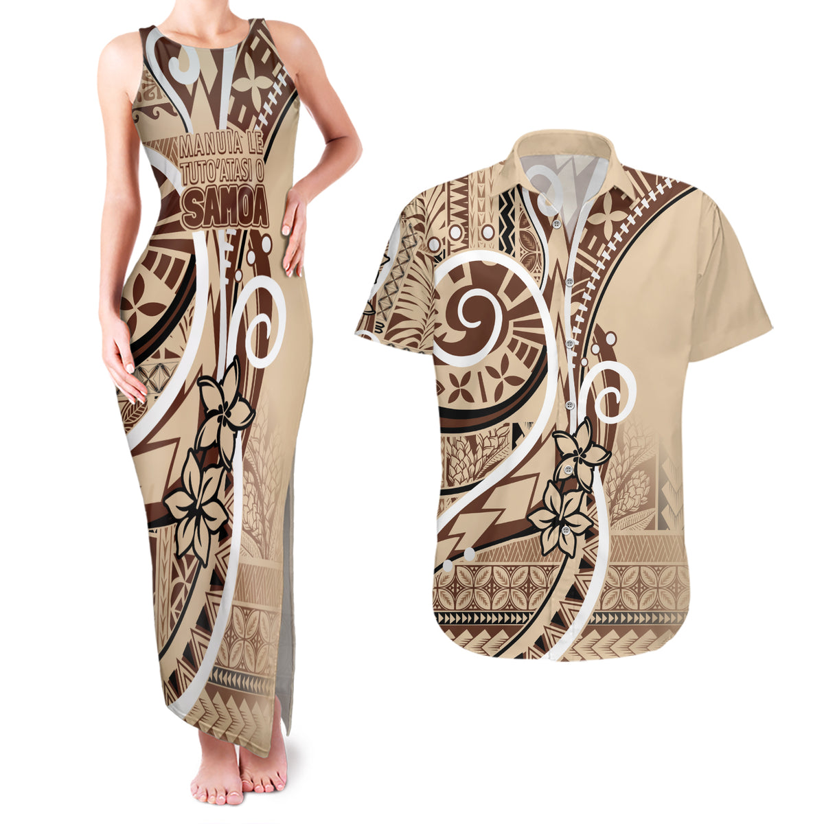 Samoa Siapo Classic Motif Couples Matching Tank Maxi Dress and Hawaiian Shirt Manuia le tutoatasi o Samoa Independence LT7 Beige - Polynesian Pride