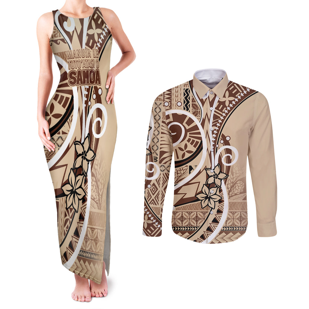 Samoa Siapo Classic Motif Couples Matching Tank Maxi Dress and Long Sleeve Button Shirt Manuia le tutoatasi o Samoa Independence LT7 Beige - Polynesian Pride