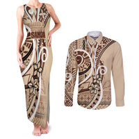 Samoa Siapo Classic Motif Couples Matching Tank Maxi Dress and Long Sleeve Button Shirt Manuia le tutoatasi o Samoa Independence LT7 Beige - Polynesian Pride