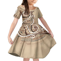 Samoa Siapo Classic Motif Family Matching Long Sleeve Bodycon Dress and Hawaiian Shirt Manuia le tutoatasi o Samoa Independence LT7 Daughter's Dress Beige - Polynesian Pride
