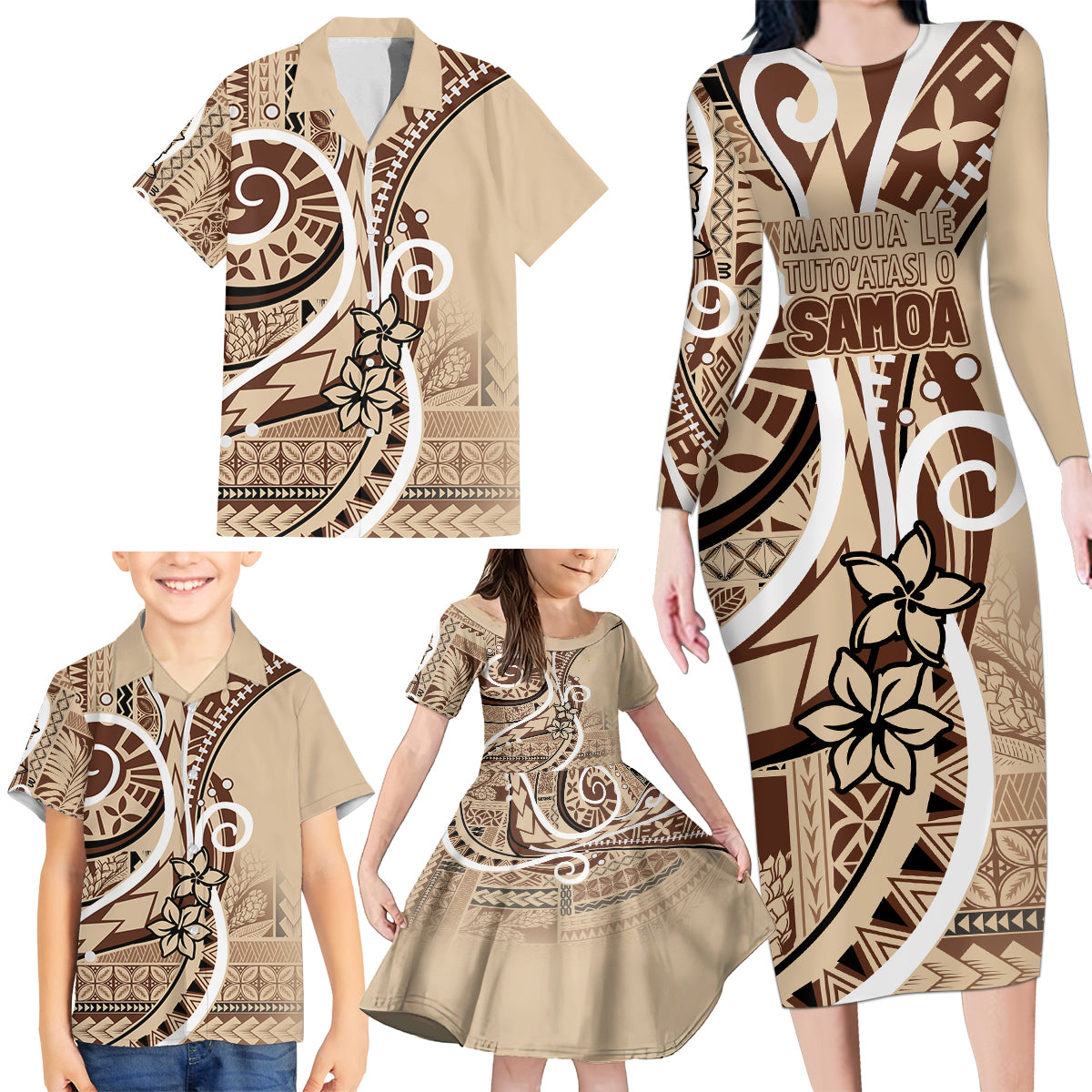 Samoa Siapo Classic Motif Family Matching Long Sleeve Bodycon Dress and Hawaiian Shirt Manuia le tutoatasi o Samoa Independence LT7 - Polynesian Pride