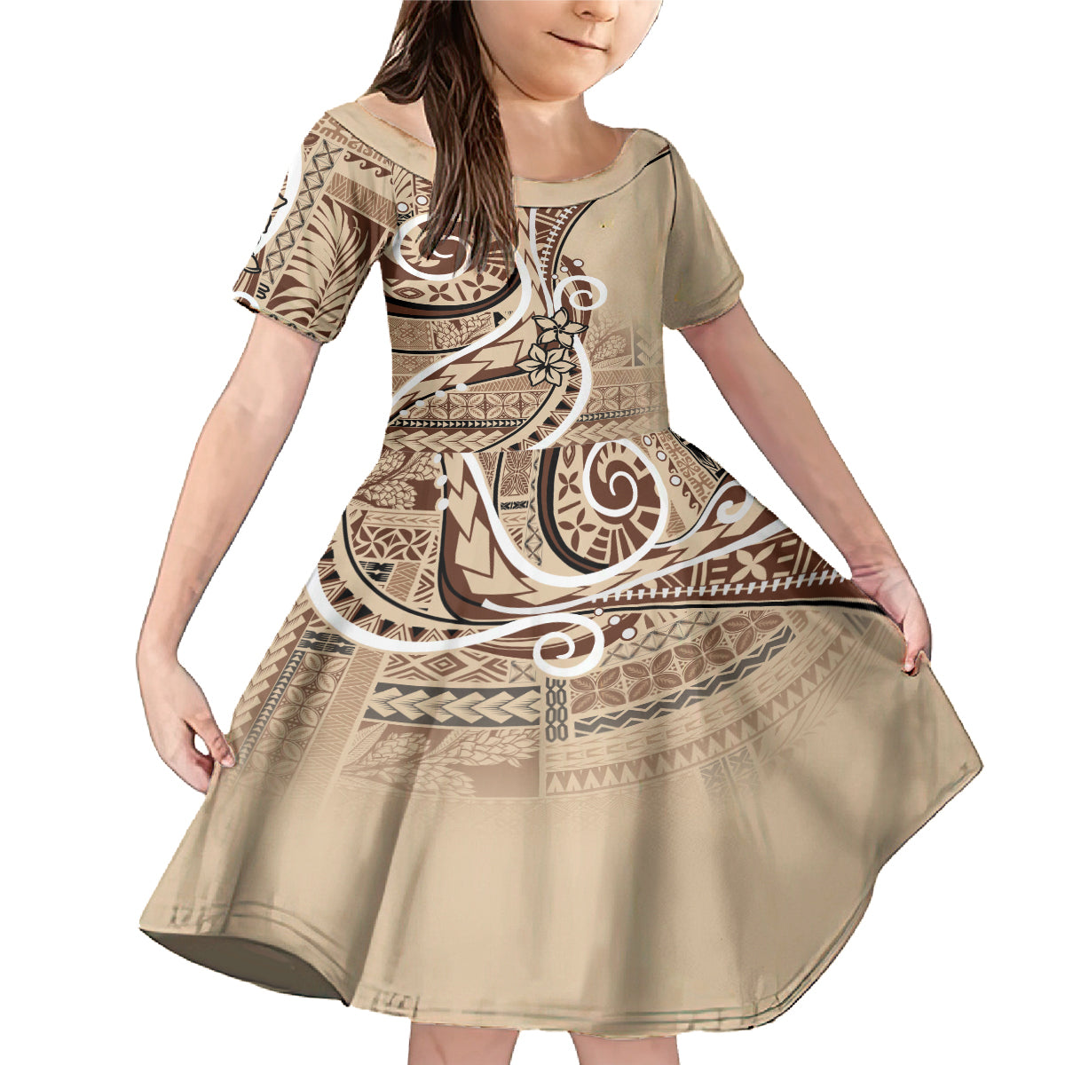 Samoa Siapo Classic Motif Family Matching Mermaid Dress and Hawaiian Shirt Manuia le tutoatasi o Samoa Independence LT7 Daughter's Dress Beige - Polynesian Pride