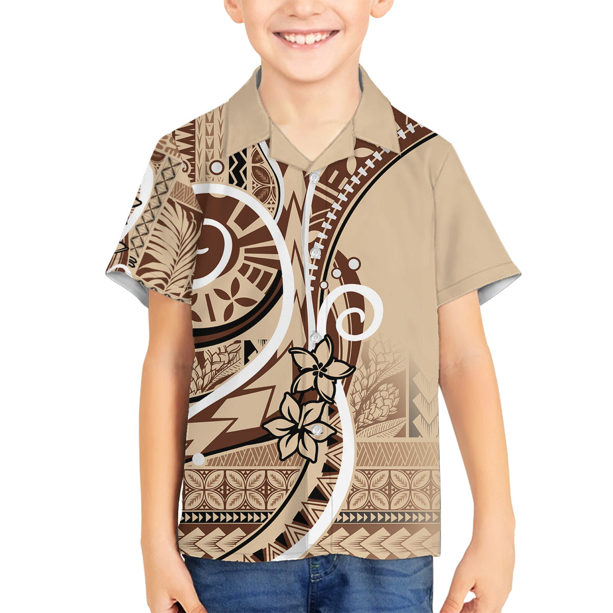 Samoa Siapo Classic Motif Family Matching Off The Shoulder Long Sleeve Dress and Hawaiian Shirt Manuia le tutoatasi o Samoa Independence LT7 Son's Shirt Beige - Polynesian Pride