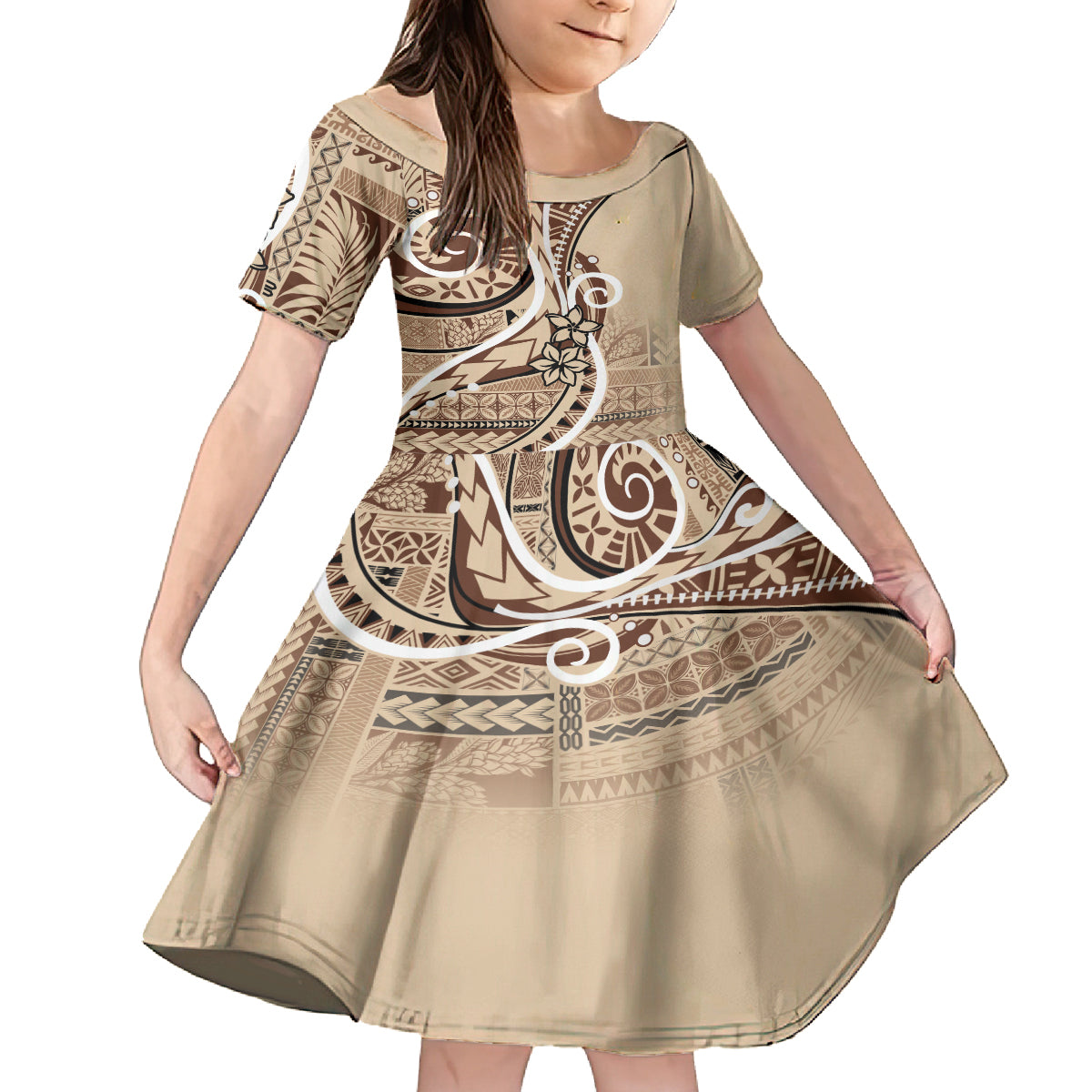 Samoa Siapo Classic Motif Family Matching Puletasi and Hawaiian Shirt Manuia le tutoatasi o Samoa Independence LT7 Daughter's Dress Beige - Polynesian Pride