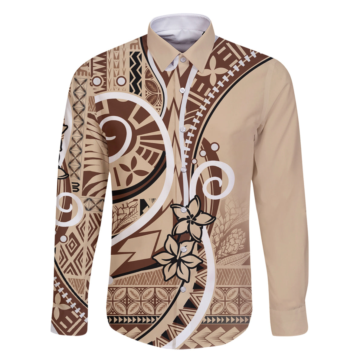 Samoa Siapo Classic Motif Family Matching Puletasi and Hawaiian Shirt Manuia le tutoatasi o Samoa Independence LT7 Dad's Shirt - Long Sleeve Beige - Polynesian Pride