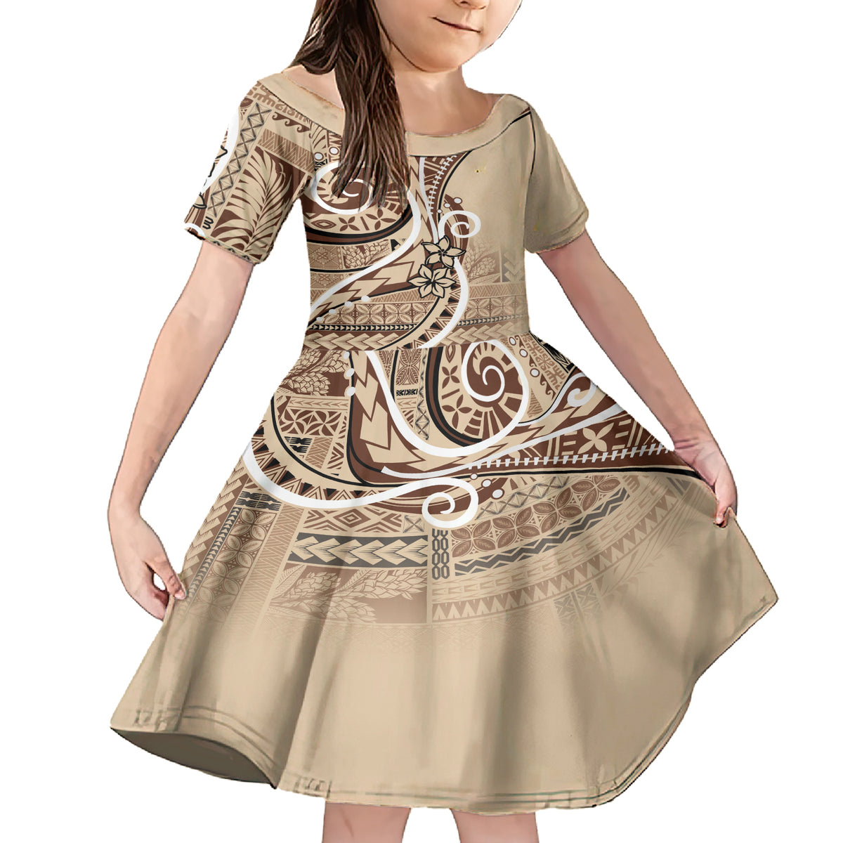 Samoa Siapo Classic Motif Family Matching Short Sleeve Bodycon Dress and Hawaiian Shirt Manuia le tutoatasi o Samoa Independence LT7 Daughter's Dress Beige - Polynesian Pride