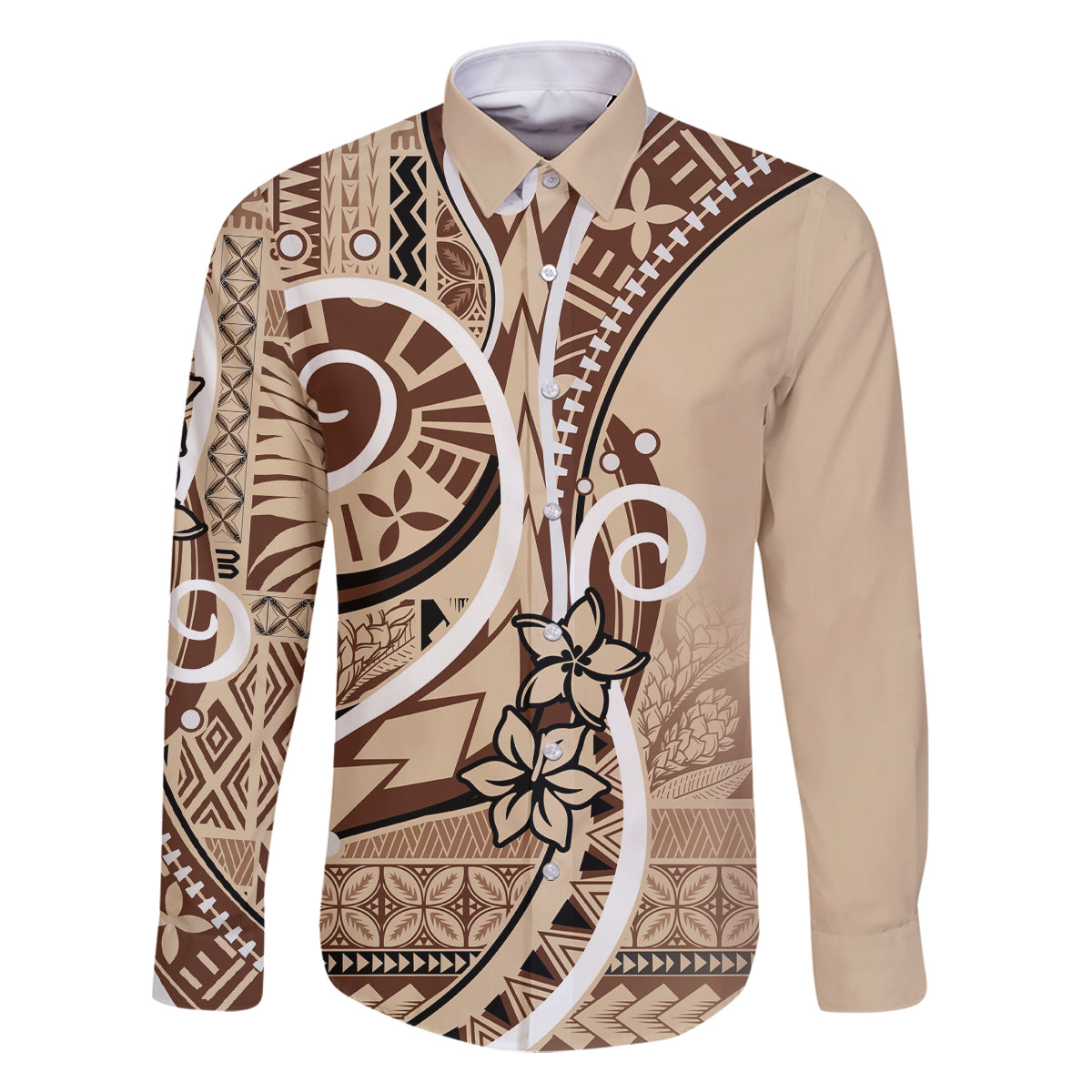 Samoa Siapo Classic Motif Family Matching Tank Maxi Dress and Hawaiian Shirt Manuia le tutoatasi o Samoa Independence LT7 Dad's Shirt - Long Sleeve Beige - Polynesian Pride