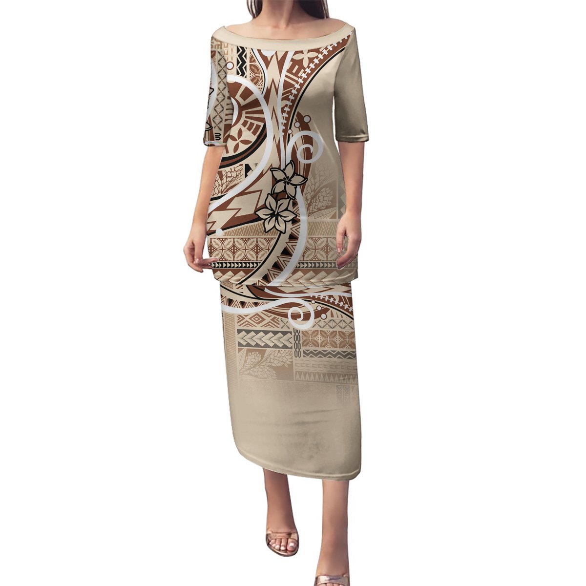 Samoa Siapo Classic Motif Puletasi Manuia le tutoatasi o Samoa Independence LT7 Long Dress Beige - Polynesian Pride