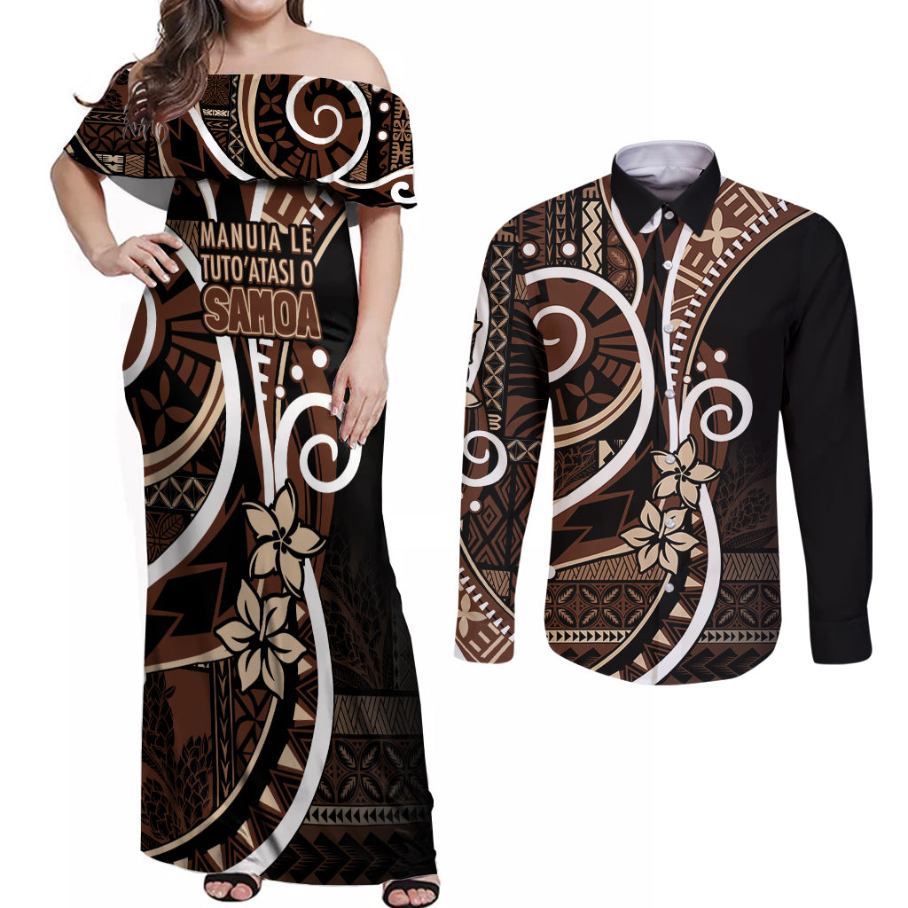 Samoa Siapo Classic Motif Couples Matching Off Shoulder Maxi Dress and Long Sleeve Button Shirt Manuia le tutoatasi o Samoa Independence Black Style LT7 Black - Polynesian Pride