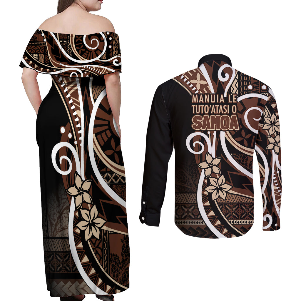 Samoa Siapo Classic Motif Couples Matching Off Shoulder Maxi Dress and Long Sleeve Button Shirt Manuia le tutoatasi o Samoa Independence Black Style LT7 - Polynesian Pride