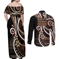 Samoa Siapo Classic Motif Couples Matching Off Shoulder Maxi Dress and Long Sleeve Button Shirt Manuia le tutoatasi o Samoa Independence Black Style LT7 - Polynesian Pride