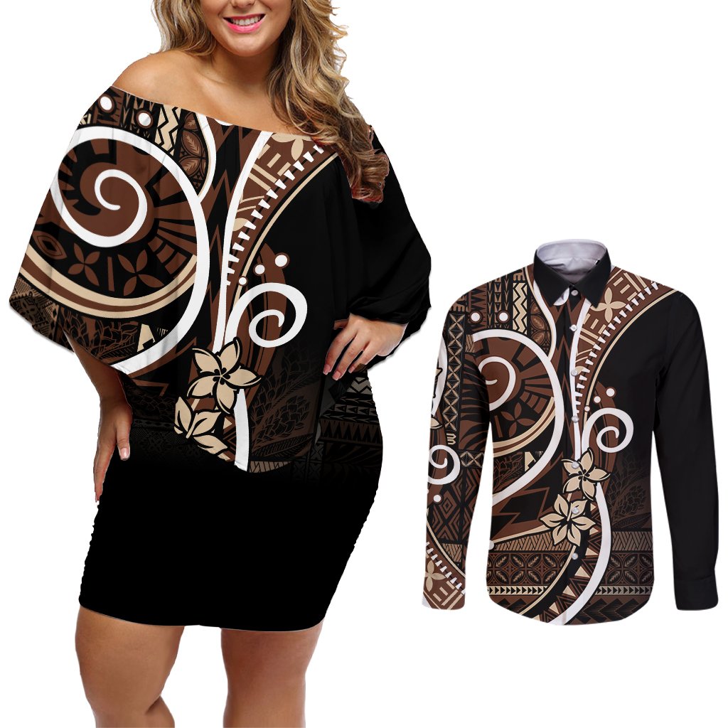 Samoa Siapo Classic Motif Couples Matching Off Shoulder Short Dress and Long Sleeve Button Shirt Manuia le tutoatasi o Samoa Independence Black Style LT7 Black - Polynesian Pride