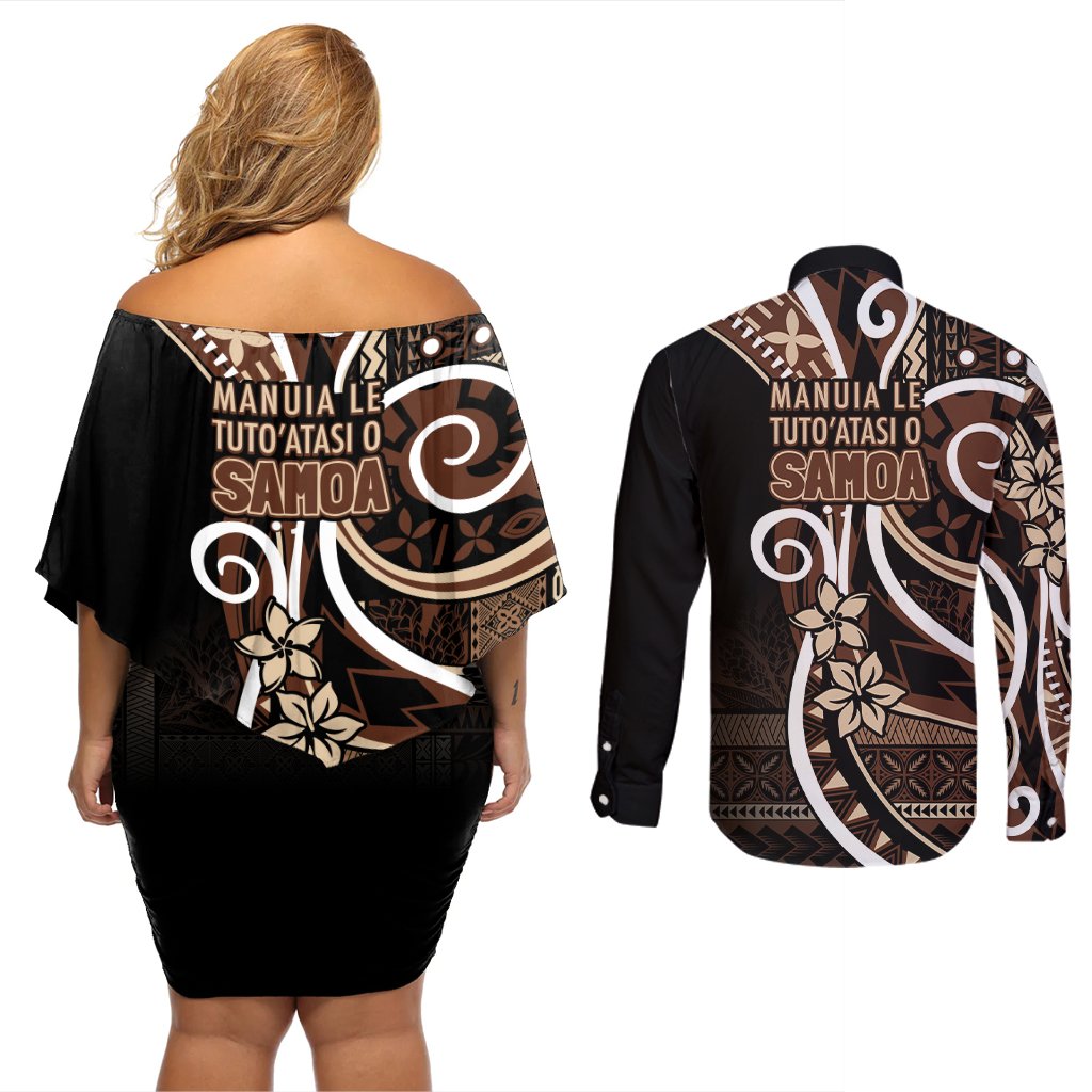 Samoa Siapo Classic Motif Couples Matching Off Shoulder Short Dress and Long Sleeve Button Shirt Manuia le tutoatasi o Samoa Independence Black Style LT7 - Polynesian Pride